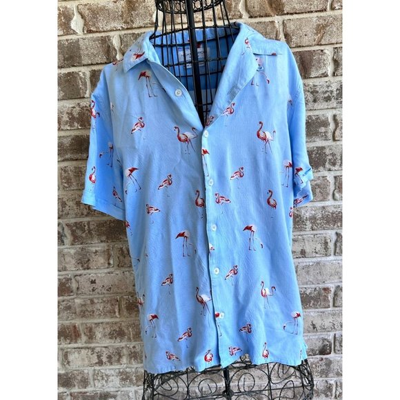 VTG Flamingo Shirt Medium Nickel Iron Blue Front Button Hawaiian Cruise … - Picture 1 of 12
